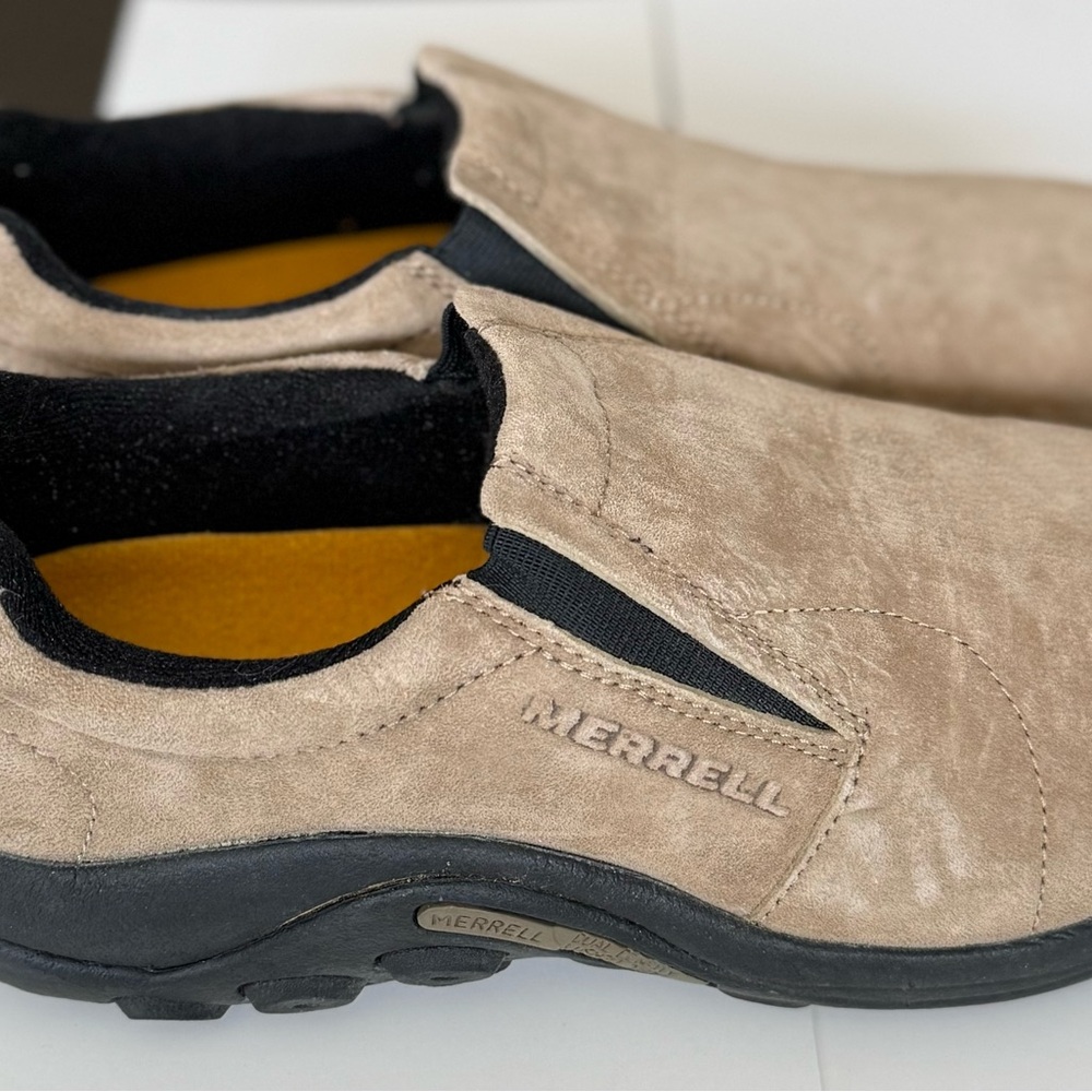Merrell Women’s Slip-On Suede Loafers in Taupe with Black Trim